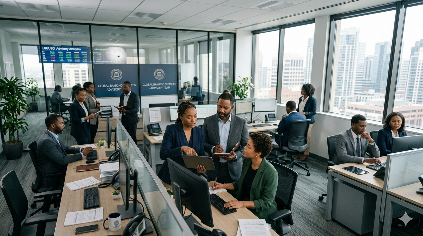 Banking professionals reviewing work in an office.