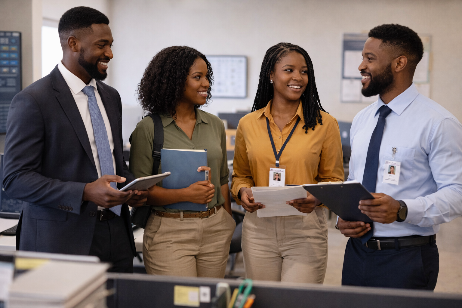 Government and institutional professionals holding documents in an office.