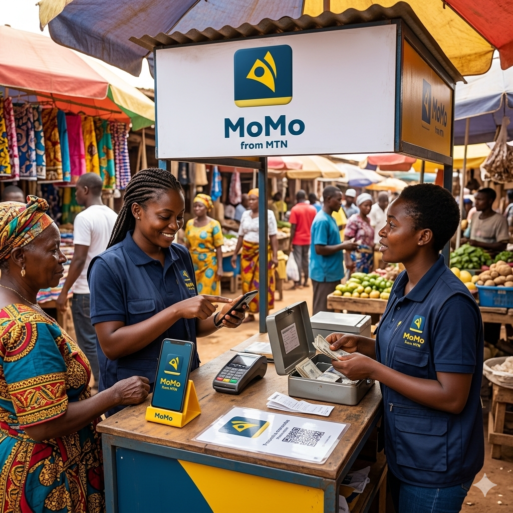 Mobile money operator service point in a busy market.