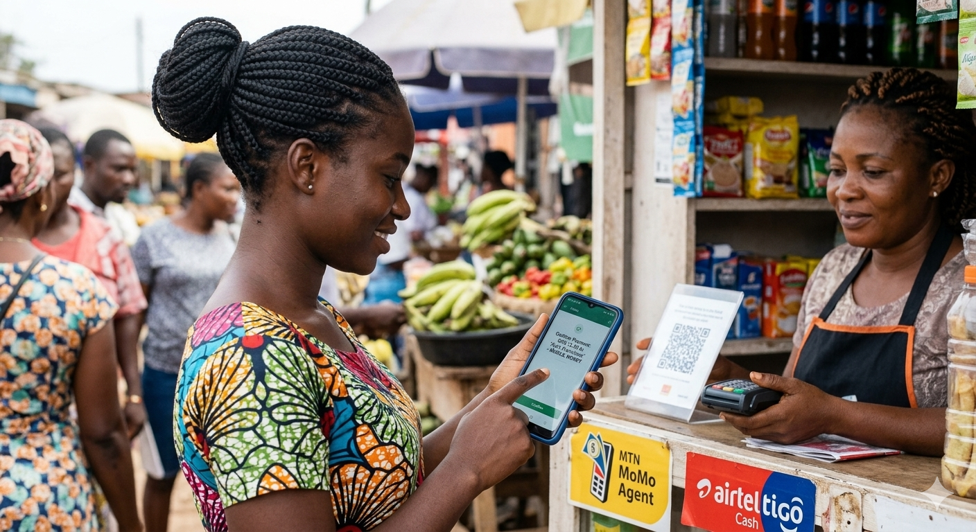 Small business customer using mobile money at a market stall.